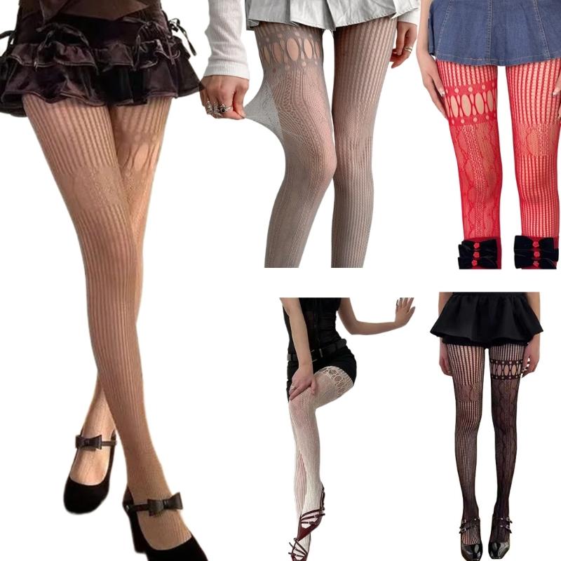 Women's Aesthetic Irregular Fishnet Tights Hollowed Mesh Stockings Heart Striped Patterned Lace Sheer Pantyhose Lingerie