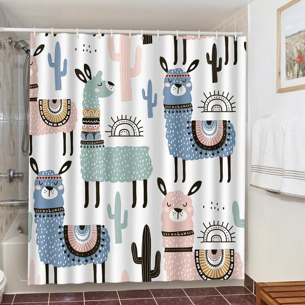 Cute Dinosaur Funny Shower Bathroom Curtain Waterproof Cat Green Leaves Fabric Pastel Toilet Door Curtains Modern Marble Cortina