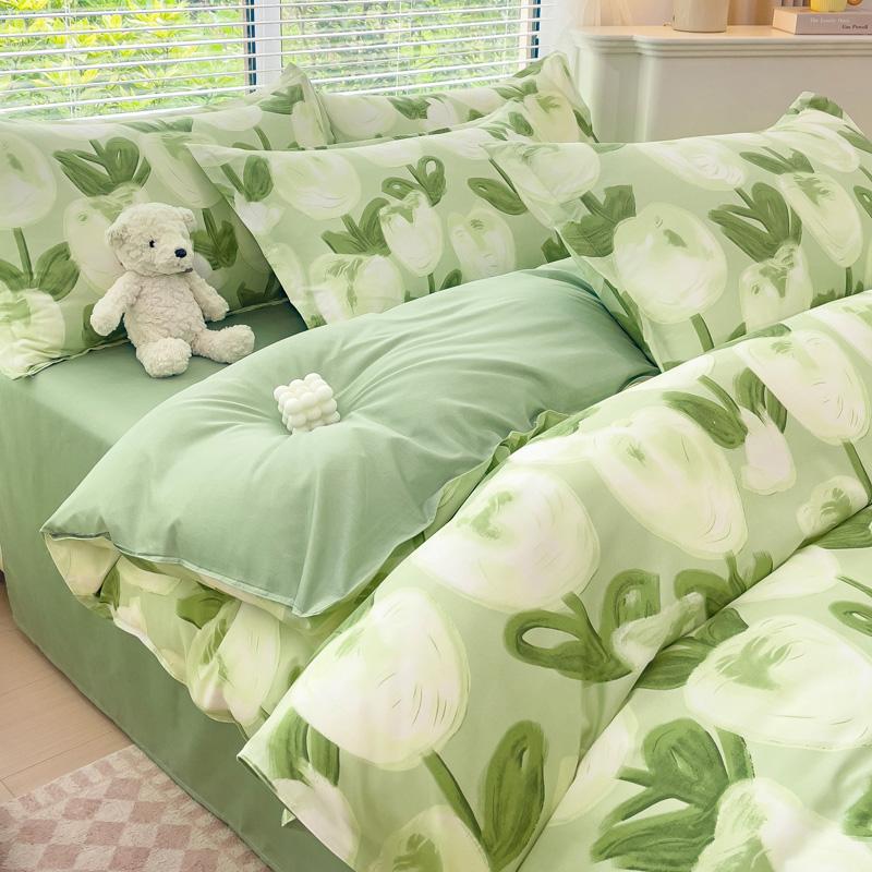 4pcs Cartoon Love Duvet Cover Set Simple Blue Plaid Bed Sheet Adults Kids Teenagers Bedding Comforter Cover with 2 Pillowcases