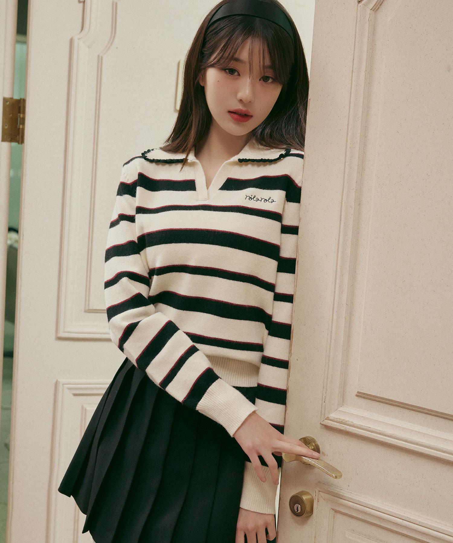 Lora Lora V Neck Collar Stripe Knit Pullover Ivory Ivory/Free