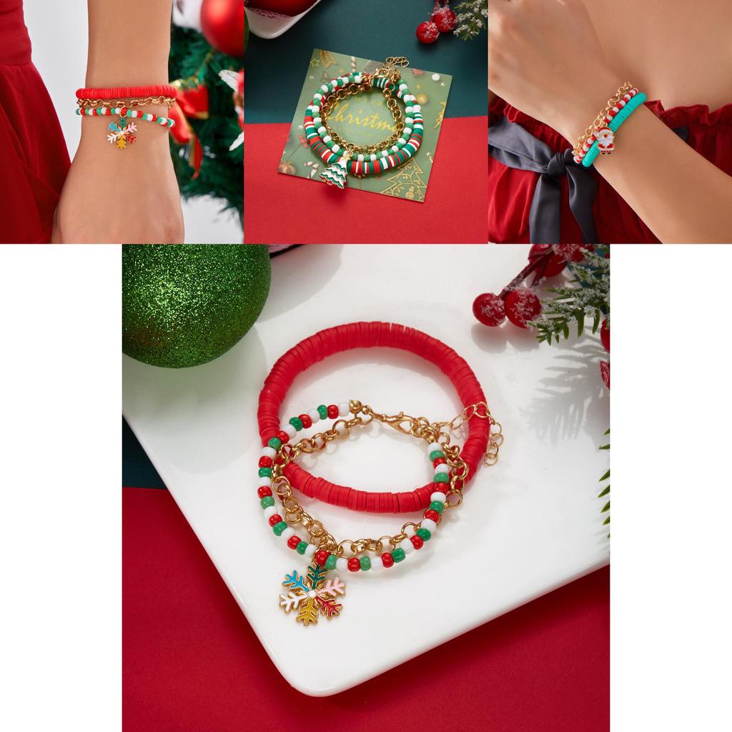 Christmas Resin Clay Bracelet Set With Snowflake Tree And Santa Pendants For Women Gift