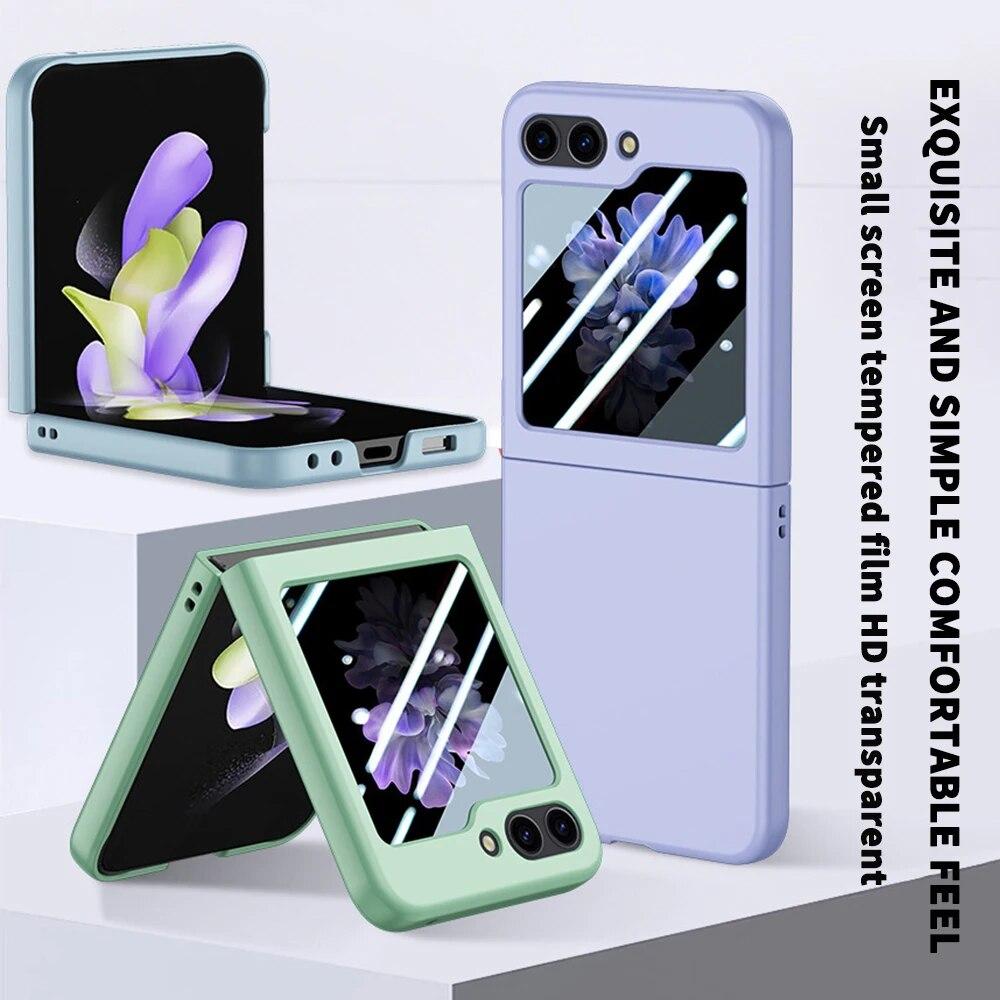 For Samsung Galaxy Z Flip 5 5G Case Ultra Thin PC Skin Feeling Solid Color With Temper Glass Full 360 Degree Cover For Z Flip5