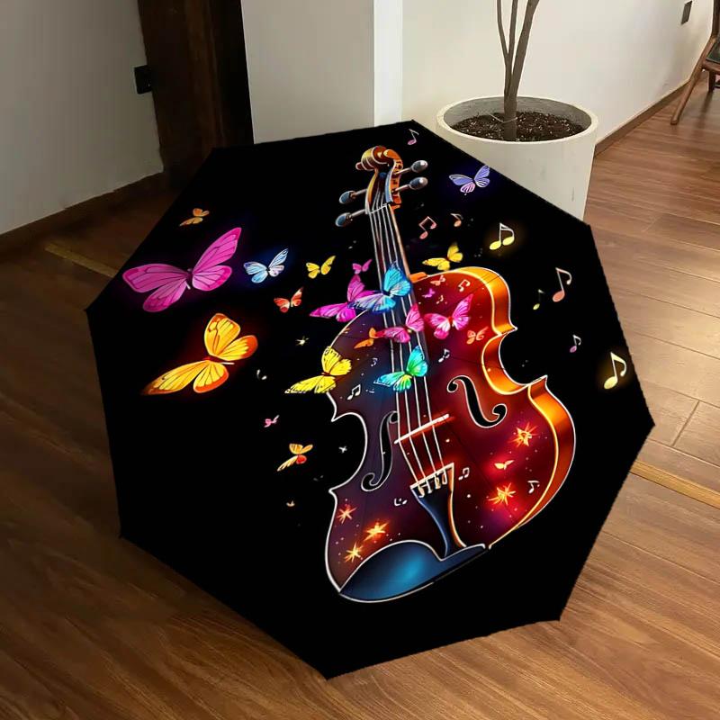 

Colorful Butterfly Violin Musical Note Automatic Opening/Closing Umbrella - Portable Folding Design, 8-Bone Iron Frame Outdoor Umbrella, Fes