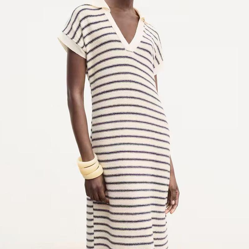 Women s Striped Knit Maxi Dress Polo Collar V Neck Short Sleeve Loose Breathable Summer Casual Beach Vacation Long Dress with Side Slit S чёрный