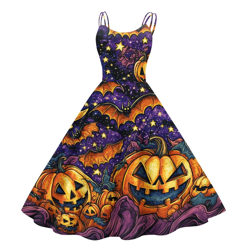 Women Halloween Print Off Shoulder Punk Vintage Dress Sleeveless Spaghetti Strap Fit and Flare Midi Dress for Party