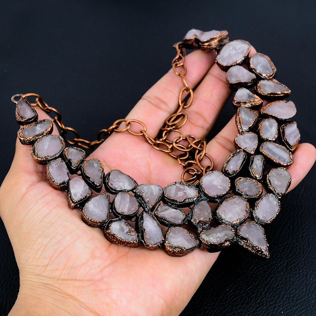 Rose Quartz Handmade Latest Design Jewelry Necklace, Copper Electroformed Gemstone Necklace, Gift For Mother