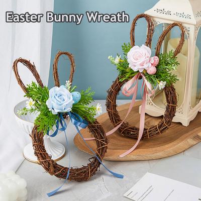 Easter Bunny Wreath with Faux Flowers Rattan Wall Door Hanging Decor for Spring Festival Indoor Outdoor Home Party Decoration