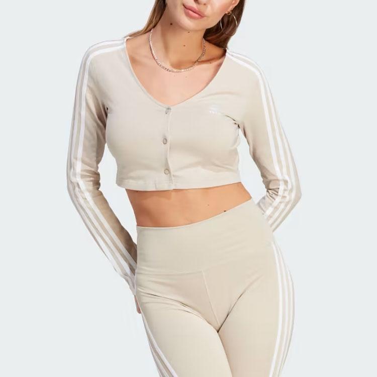 Adidas Originals Adicolor Classics 3-Stripes Button Long Sleeve Tee Women Tops Beige II0708