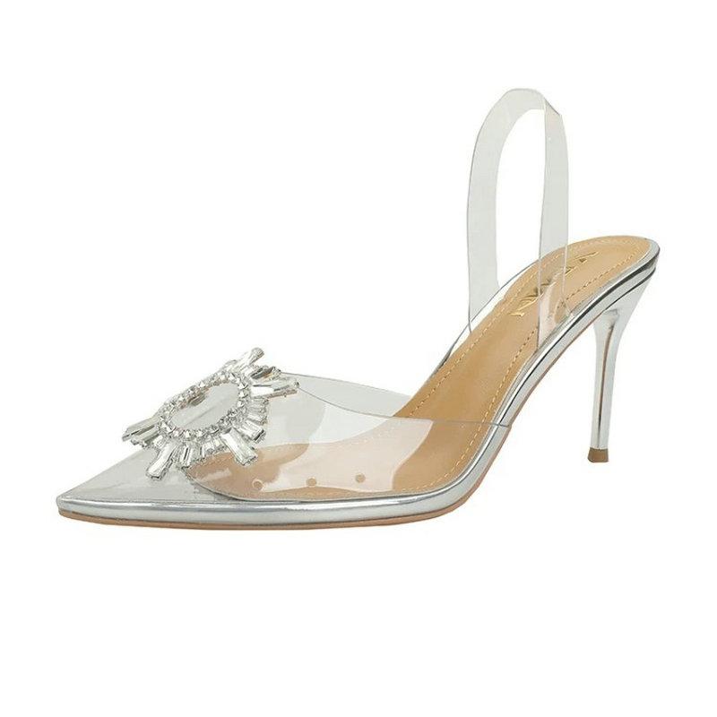 Fashion Ins' Super Popular Transparent Pvc Sexy See-Through Silver Pointed-Toe Sun Buckle Back Empty European And American Women'S Sanda