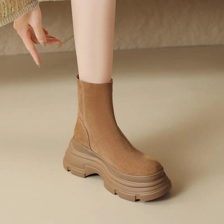 Thick-Soled Martin Boots Women'S Soft Leather Frosted Round-Toed Muffin Short Boots Winter High-Heeled Chimney Fashion Boots