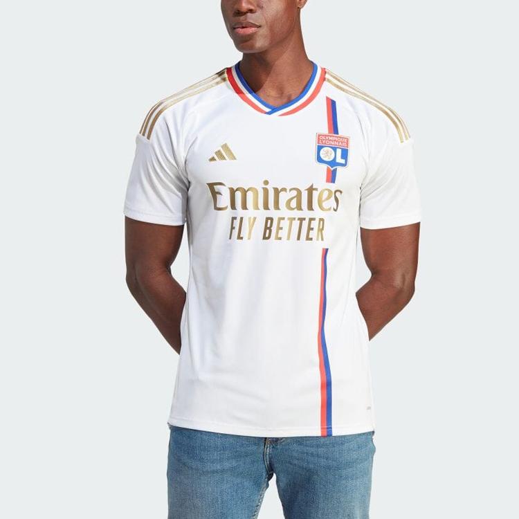 Adidas Three Stripe Letter Pattern Printed V-Neck Short Sleeve Football Jersey 23-24 Season Lyon Men Jersey White IB0920