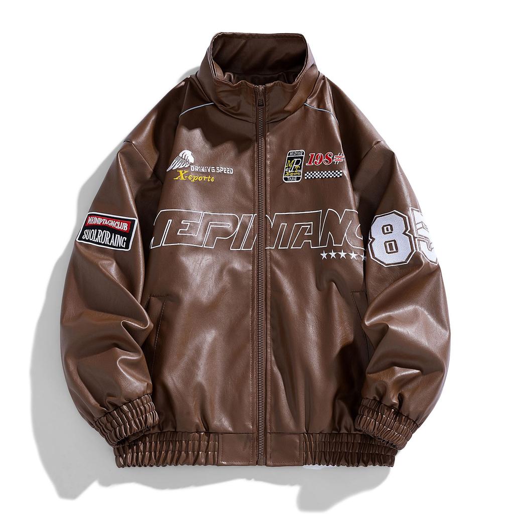 Fashion Jacket Stand-up Collar Casual Spring and Autumn New Embroidered Loose Men's Motorcycle Leather Jacket