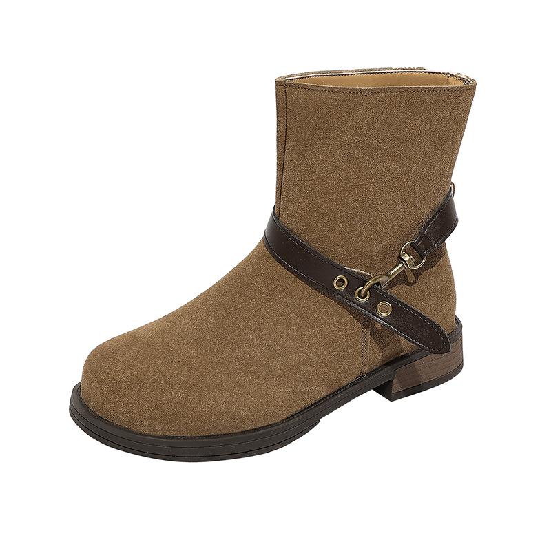 American belt buckle round head fashion boots high sense 2025 autumn and winter new retro thick heel locomotive boots women's boots