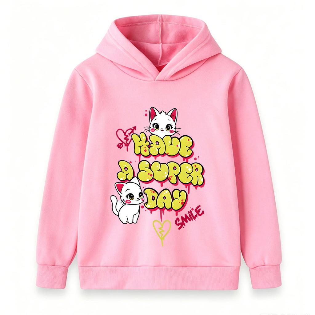Kids Boys Girls Pullover Hoodie, Cute White Cat Graffiti Print 'Have A Super Day' Casual Soft Long Sleeve Hooded Sweatshirt for Daily Warm Wear
