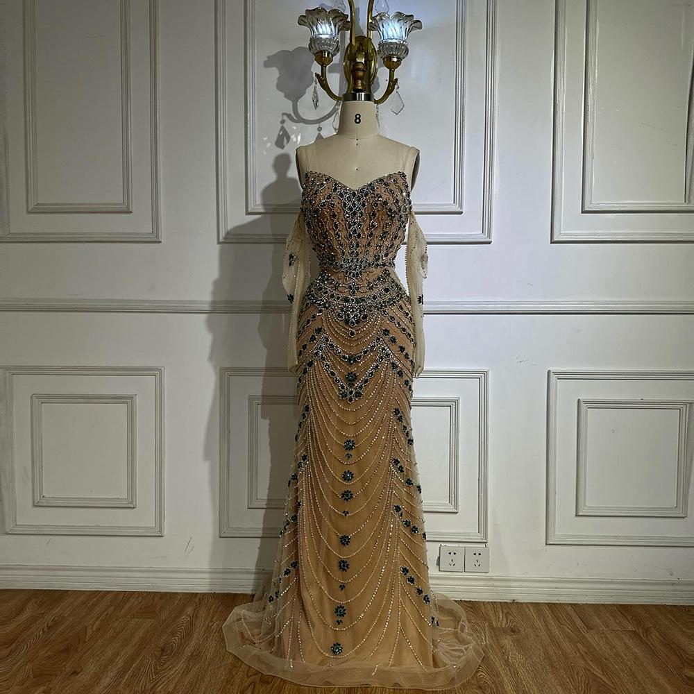 Serene hill blue suspender fishtail bead dress, luxury banquet host evening dress LA11818