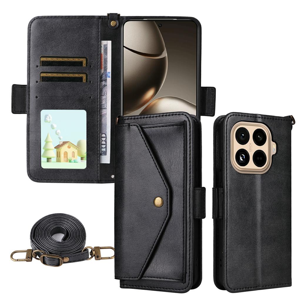 For Xiaomi 15T Pro Leather Case Magnetic Closure Wallet Stand Phone Cover with Crossbody Strap