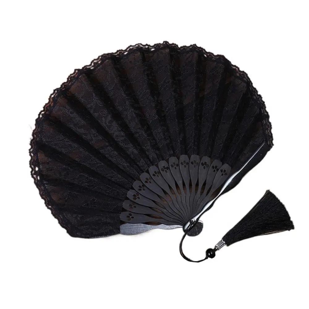 Elegant Portable Folding Fan Fan Flowers Pattern Lightweight Lace Handheld Fans Durable Tassel Pendent Chinese Fan Women