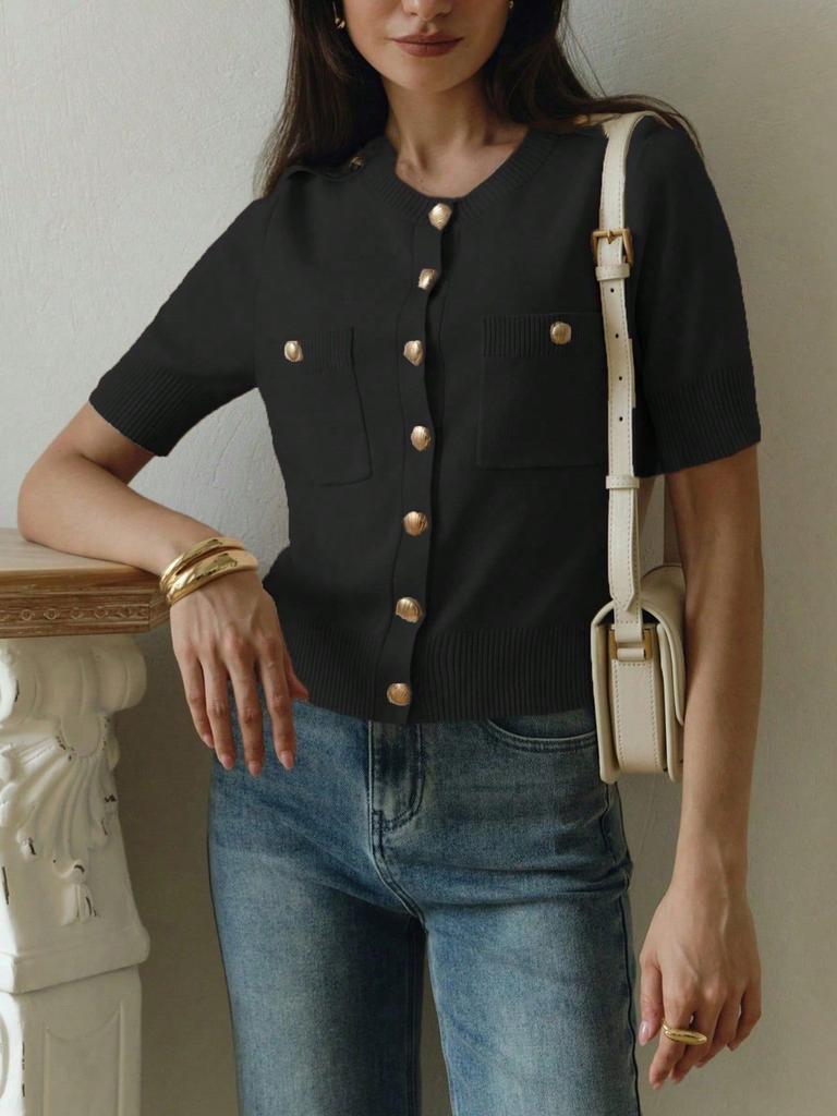 Women's Short Sleeve Cardigan with Gold Buttons and Pockets