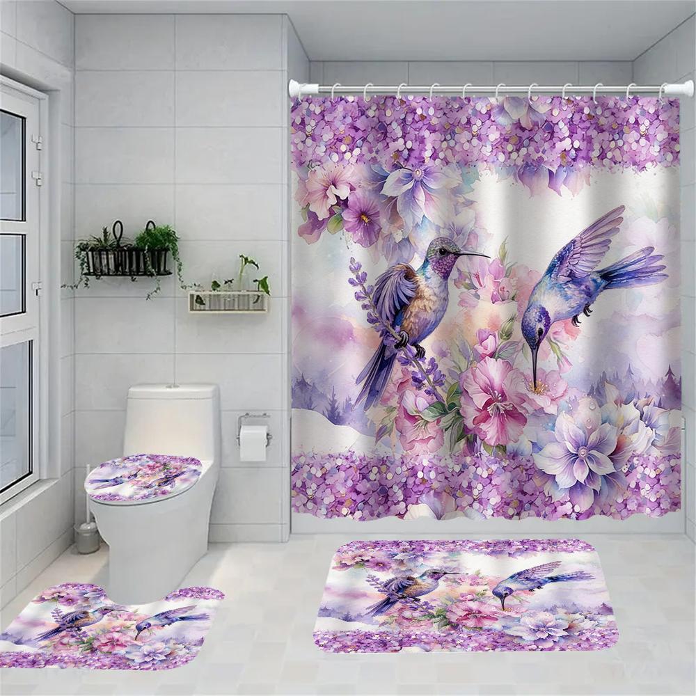 1/4 Rose Print Shower Curtains, Toilet Seat Decoration, Shower Curtain With Carpet And Toilet Lid, 70.8X70.8 Inch