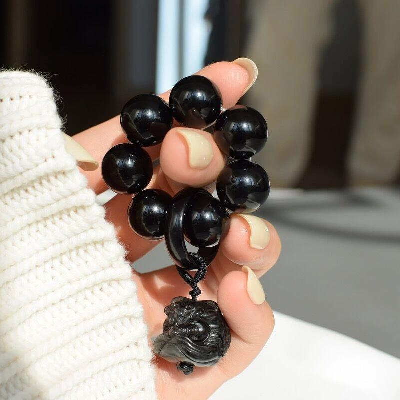 Black Awakening Lion Pendant Beaded Hand Twist Feng Shui Obsidian Bead Bracelet Men'S Women'S Wealth Good Luck Accessories