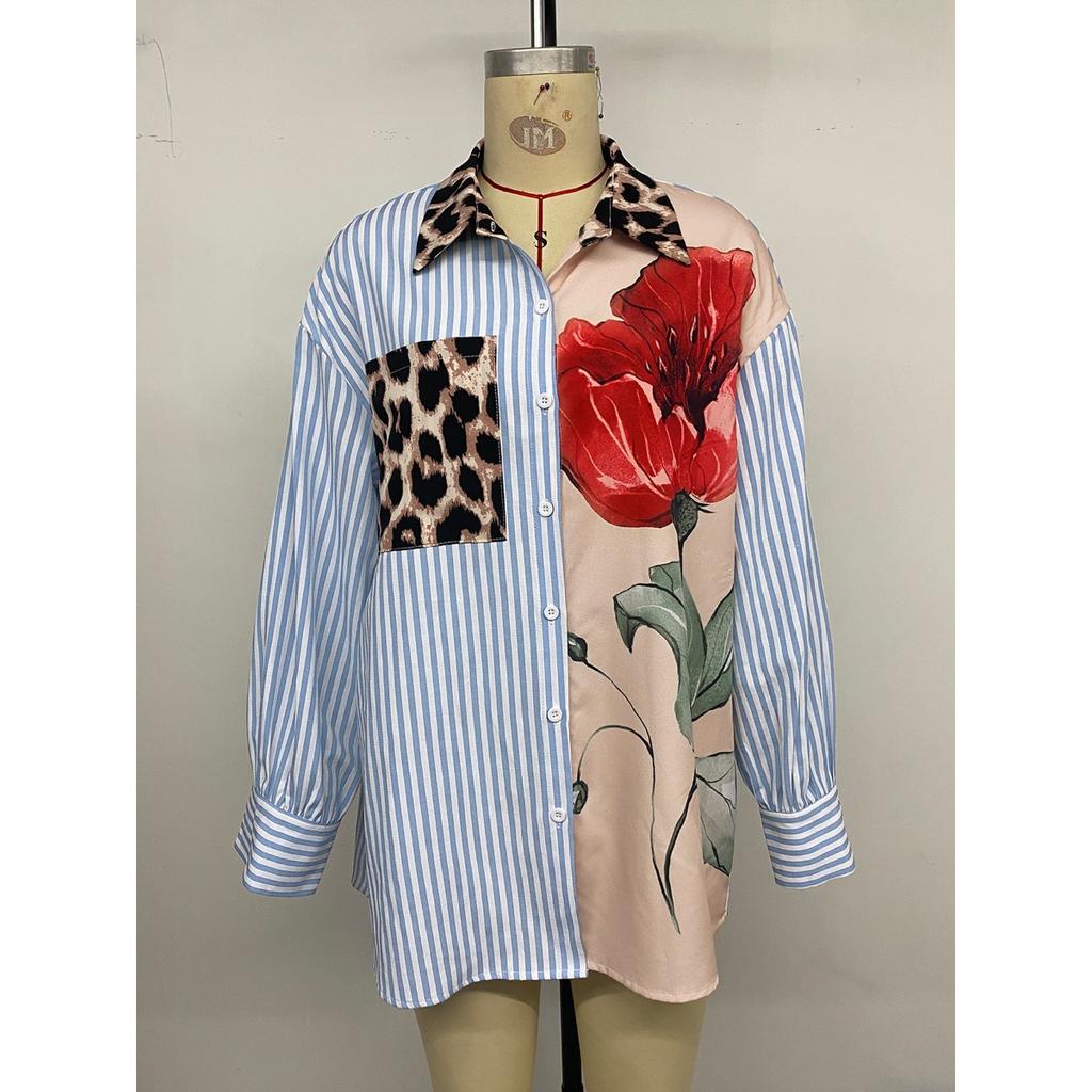 New Fall Women's Striped Patchwork Printed Shirt Casual Vacation Fashion Top