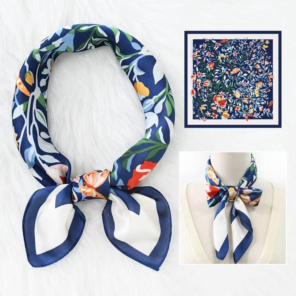 Elegant Square Silk Scarf Flower Pattern Handbag Wraps Head Handkerchief 70*70Cm Double Sides Neckerchief Women