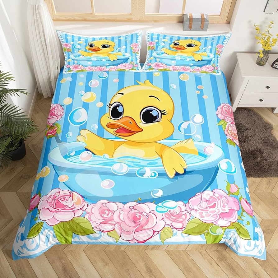 Yellow Duck Duvet Cover Twin Cartoon Ducks Comforter Cover Farmhouse Wild Animal Bedding Set Rustic Country Wildlife Quilt Cover