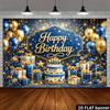 2D planar dark blue gold luxurious birthday party backdrop with the center featuring the golden "Happy Birthday" text.PMJ