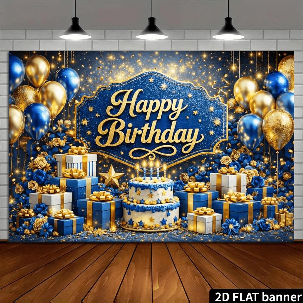 2D planar dark blue gold luxurious birthday party backdrop with the center featuring the golden "Happy Birthday" text.PMJ
