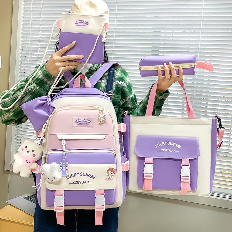 Middle School Boys and Girls School Bags Fashion Canvas Color Blocked Primary Student Backpack 5 Pcs Set Satchel with Tutoring Bag
