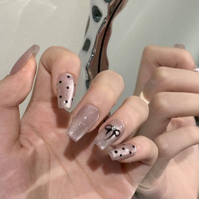 Hepburn Style Wear Armor Handmade Simple Polka Dot Cat Eye Nail Art Icy Gradient Detachable Fake Nail Patch