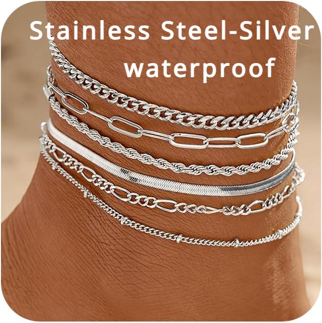 6PCS 14k Gold Plated Ankle Bracelets for Women, Stainless Steel Waterproof Herringbone Paperclip Bead Figaro Cuban Chain Anklets