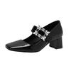 Niche French Rhinestone Square Buckle Mary Jane Shoes Women's Square Head Thick Heel Single Shoes One Word with Hepburn High Heels Internet Celebritie