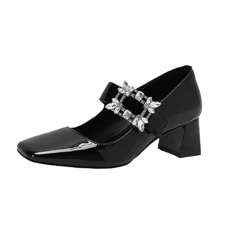 Niche French Rhinestone Square Buckle Mary Jane Shoes Women's Square Head Thick Heel Single Shoes One Word with Hepburn High Heels Internet Celebritie