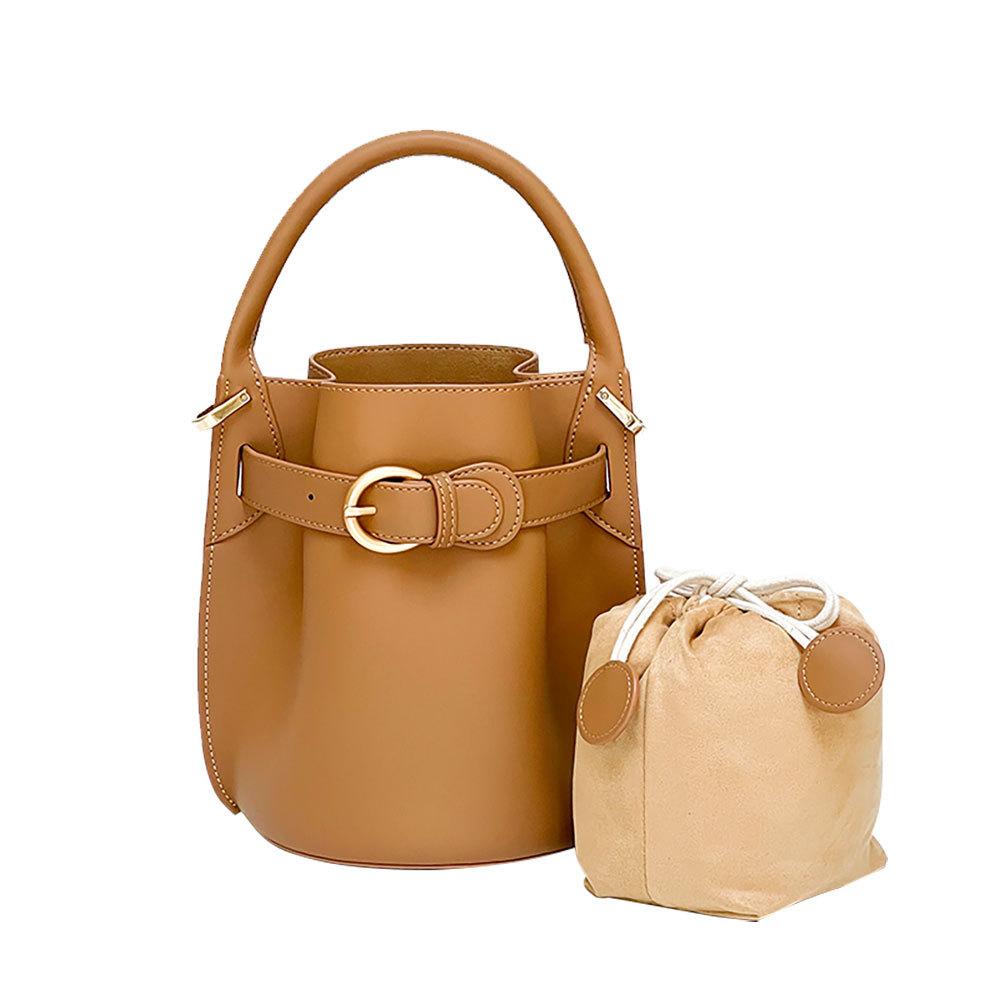 Minimalist New Women's Bag, Handheld Bag, Mother Bag, Genuine Leather Bucket Bag Design, High Grade Wrinkled One Shoulder Crossbody Bag