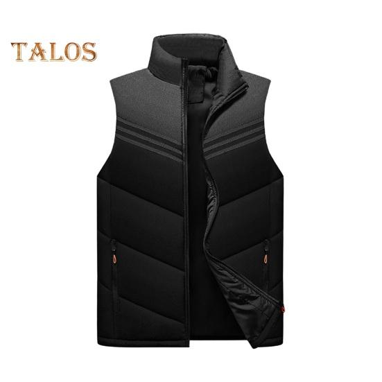 Męska bawełniana kamizelka ze stójką, bez rękawów, zapinana na suwak, z kieszeniami, kolorowy wzór w paski, gruba termiczna ocieplana kamizelka