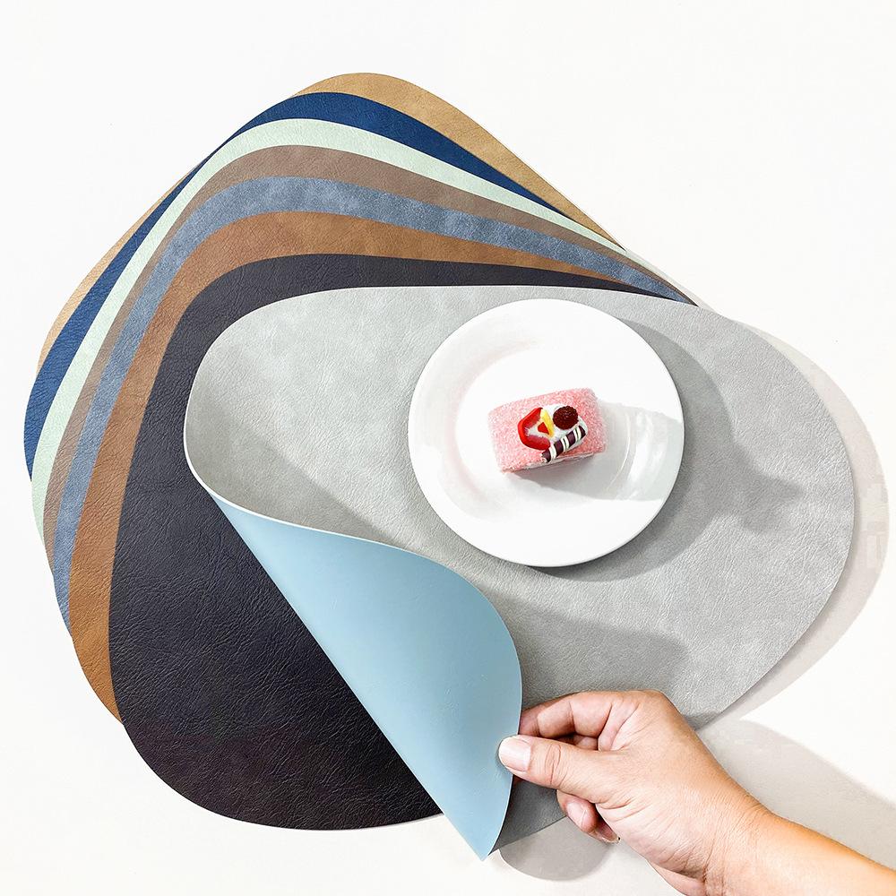 Double Sided Anti Slip PU Insulation Pad Table Mat, Nordic Style Imitation Cowhide Pattern Water Droplet Shaped Leather Placemat