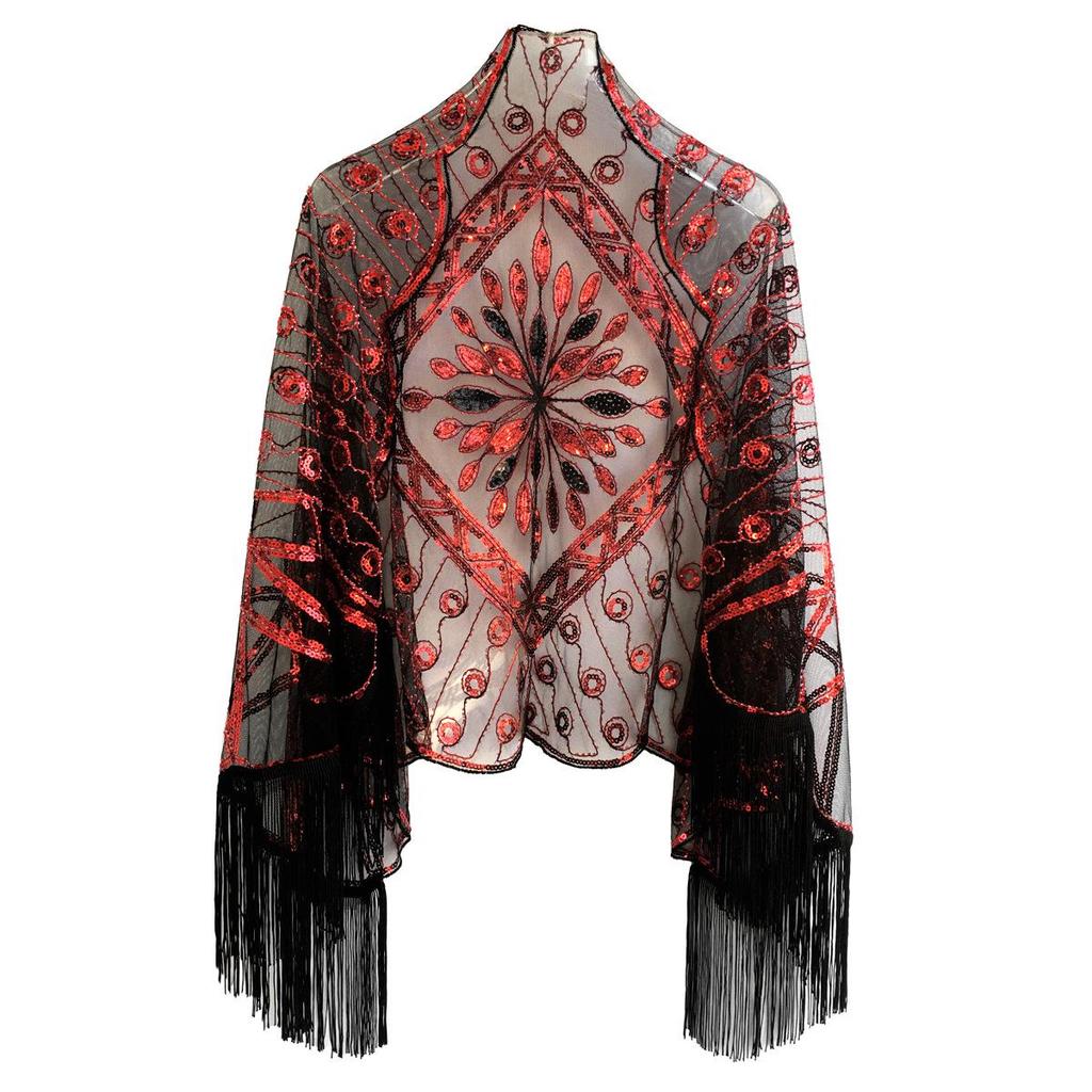 1920s Vintage Sequin Evening Dress with Shawl Cape for Banquets and Christmas
