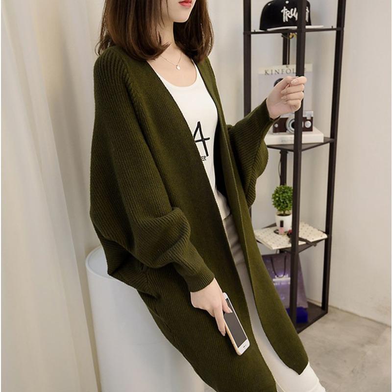 Autumn and Winter  Women's Sweater Cardigan Jacket Medium Long Loose Casual with Bat Sleeves Irregular Design