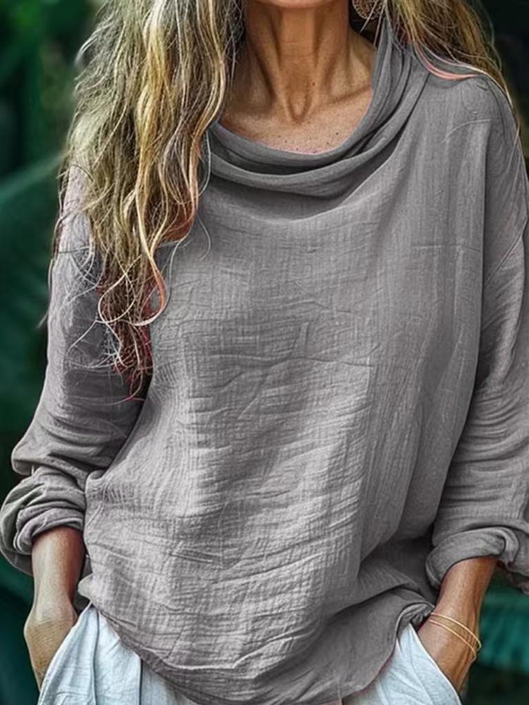 Spring New Women's Casual Loose Fashion Long Sleeve Solid Pile Knit Turtleneck Ruffled Top