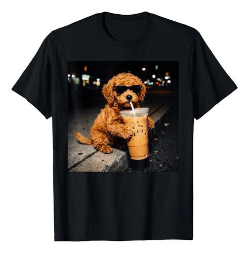 Unisex shirt Cotton Oversize Large Size Divertida Goldendoodle Drinking Iced Coffee Animal