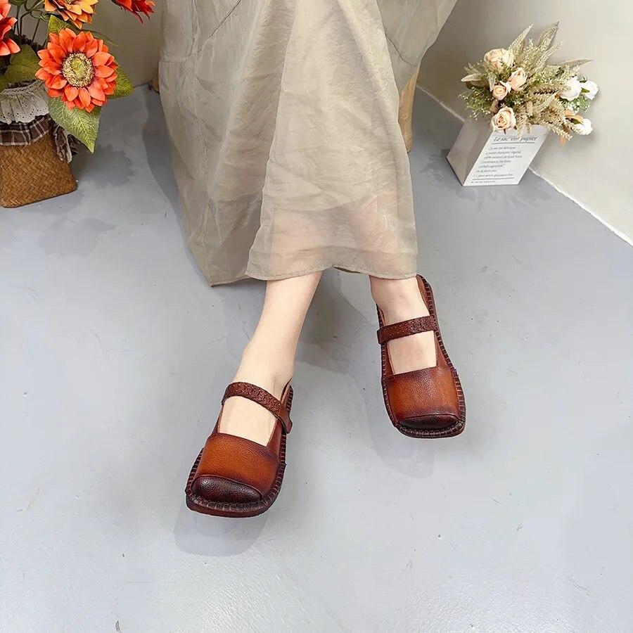 Johnature Pantofi plati cu varf patrat din piele naturala de culoare solida Pantofi de dama retro din piele de vaci cu carlig si bucla
