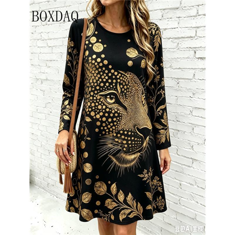2026 Women's Fashion Dresses Women's Polka Dot Leopard Print Dress Loose Pullovers Casual Autumn Long Sleeve Home A-Line Dress