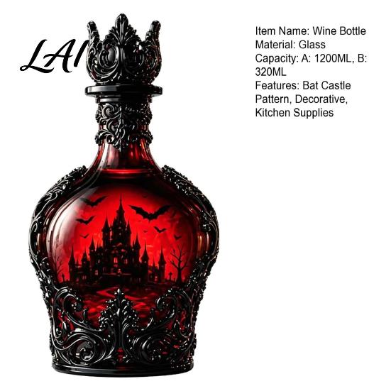 Dark Fantasy Wine Container 1200ML Halloween Bat Castle Whiskey Bottle 320ML Vintage Gothic Glass Bottle Cup Decorative Liquor Decanter Flask