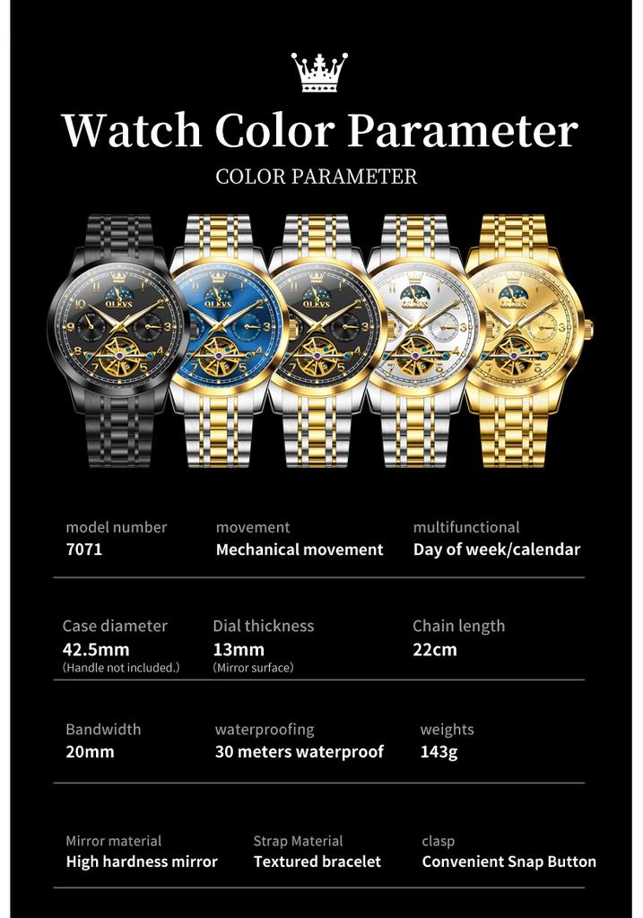 OLEVS 7071 Hollowed Multi_function Mechanical Men's Watches Stainless Steel Waterproof Luminous Moon Phase Automatic Man Watch