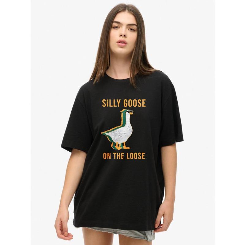 

Oversized T Shirt Black Silly Goose On The Loose Graphic Print Casual Wear For Women Summer Outfit Street Style Fashion Top S