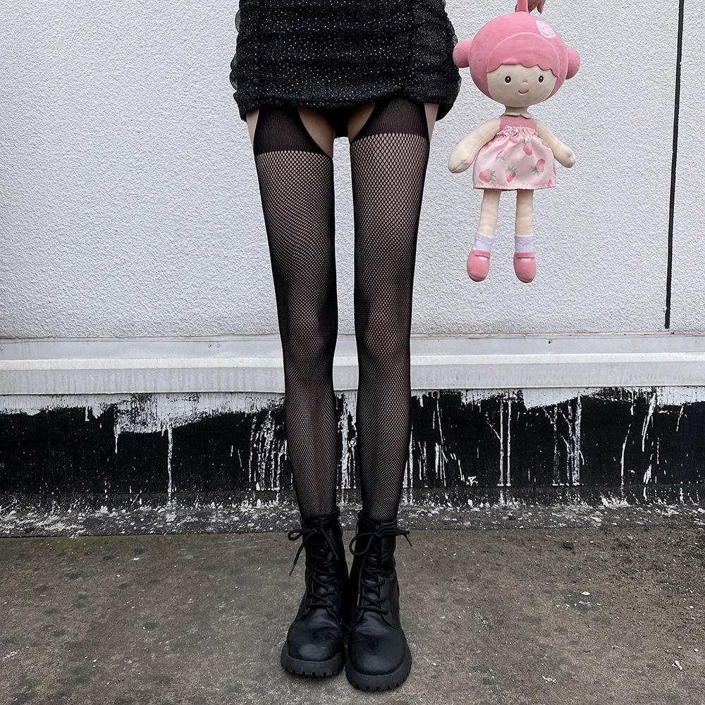 Sexy Black Lace Hollow Out Long Tube Stockings With Straps Thin Summer Japanese Style See-Through Net Tights For Women