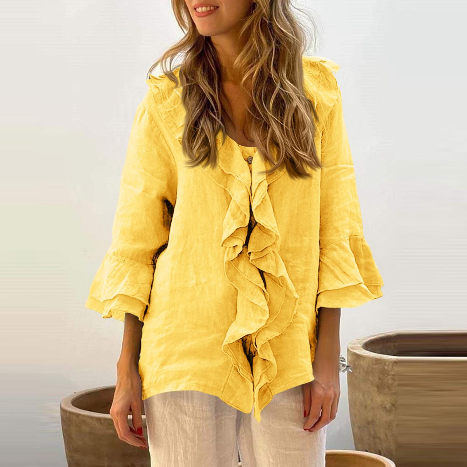 

Женская мода однотонный топ с V-образным вырезом на пуговицах и рукавами 3/4 XXXXXL жёлтый