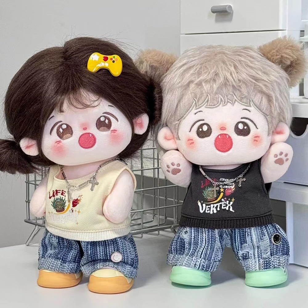 Niannyyhouse 20cm Plush Doll with Costume, Vest, Pants, and Jeans Set (Beige)