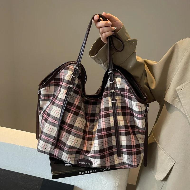 Uformell rutete lerretsveske for kvinner allsidig skulderveske stor kapasitet ny mote